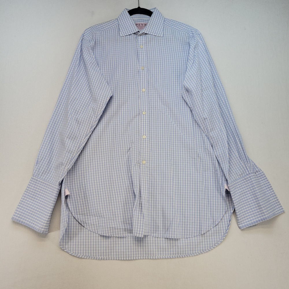 Thomas Pink Dress Shirt Mens 15.5 33 Blue Check Superfine Two-Fold French Cuff